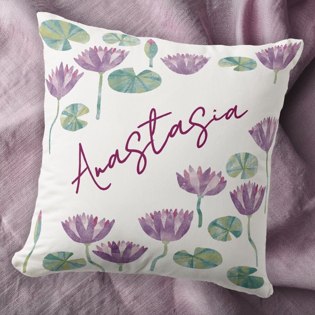 July Birth Month Water Lily Personalized Throw Pillow (July birthday birth month flower water lily watercolor personalized custom name throw pillow gift)