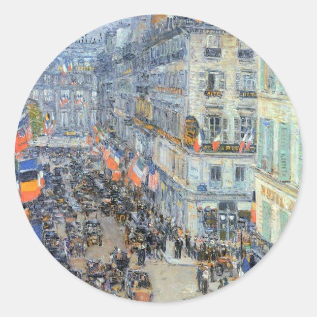 July Fourteenth, Rue Daunou by Childe Hassam Classic Round Sticker (Front)