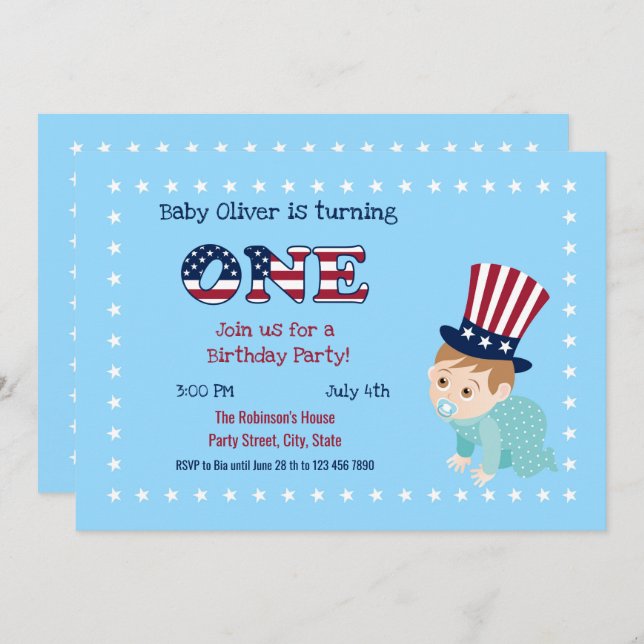 July fourth 1st Birthday Boy Party  Invitation (Front/Back)
