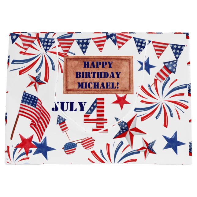 July Happy Birthday Add NAME Patriotic Star Large Gift Bag (Front)