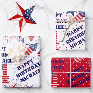 July Happy Birthday  Personalize Name 3 Gift Wrapping Paper Sheet