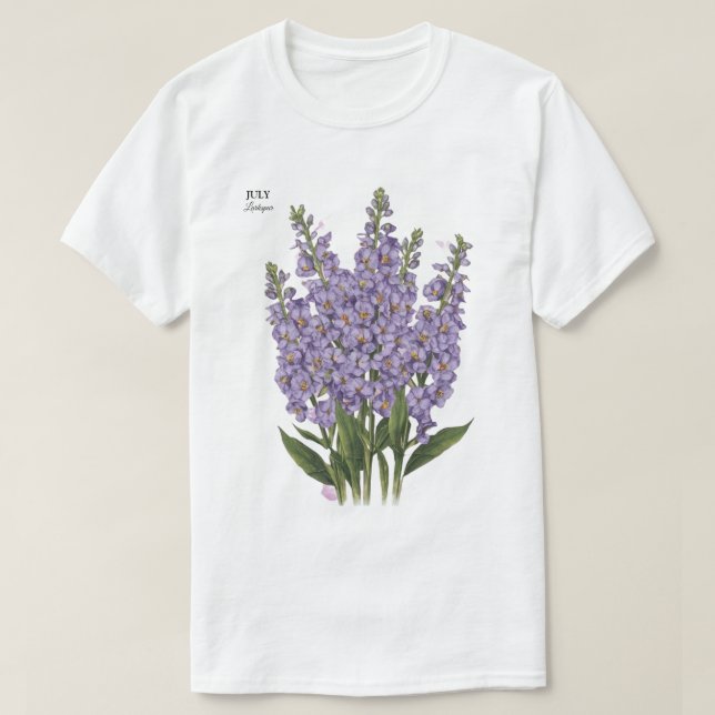 July Larkspur Bloom - Personalized Birthday Gift T-Shirt (Design Front)