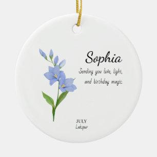 July Larkspur Personalized Birthday Ceramic Ornament
