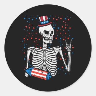 July Rocker Skeleton Patriotic Rock Men Boys Kids  Classic Round Sticker