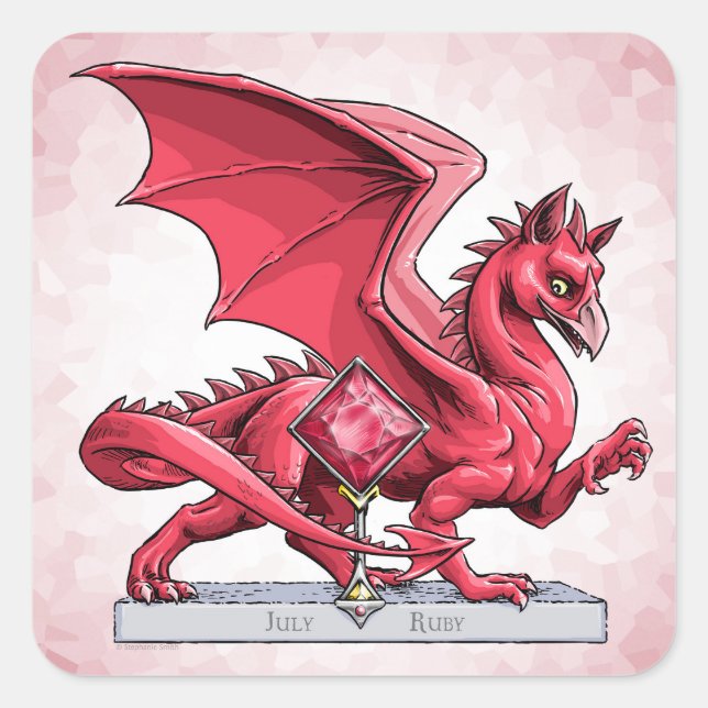 July’s Birthstone Dragon: Ruby Square Sticker (Front)