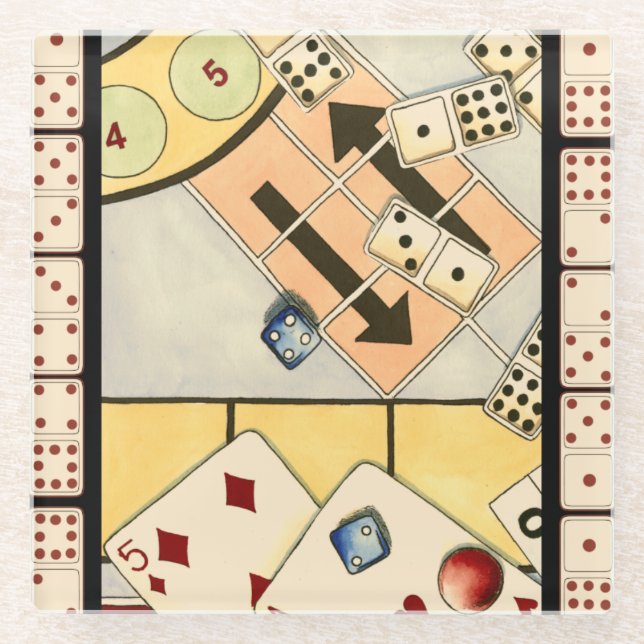 Jumbled Assortment of Games of Chance Glass Coaster (Front)