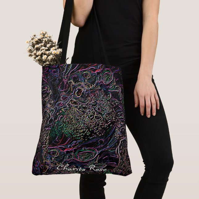 Jumbled Colourful Rainbow Line Knots Pattern Black Tote Bag (Close Up)