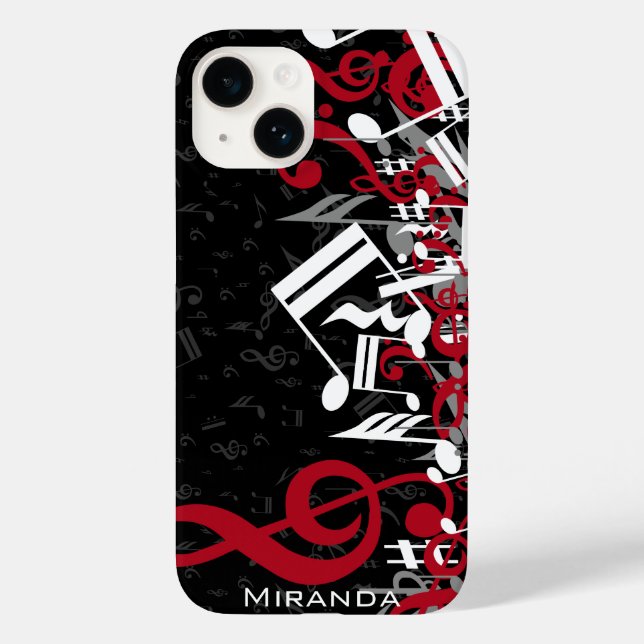 Jumbled Music Notes Red Grey and White on Black Case-Mate iPhone Case (Back)