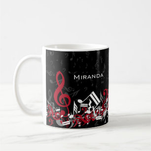 Jumbled Music Notes Red Grey and White on Black Coffee Mug