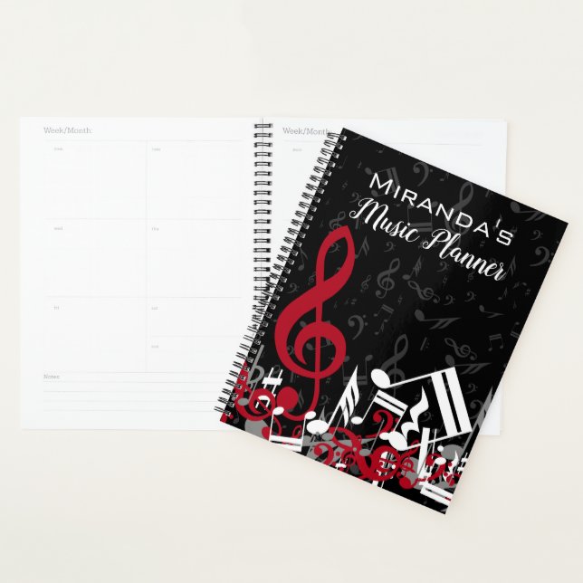 Jumbled Music Notes Red Grey and White on Black Planner (Display)