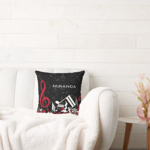 Jumbled Music Notes Red White Grey on Black Throw Pillow