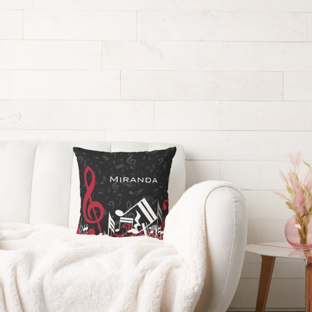 Jumbled Music Notes Red White Grey on Black Throw Pillow (Couch)
