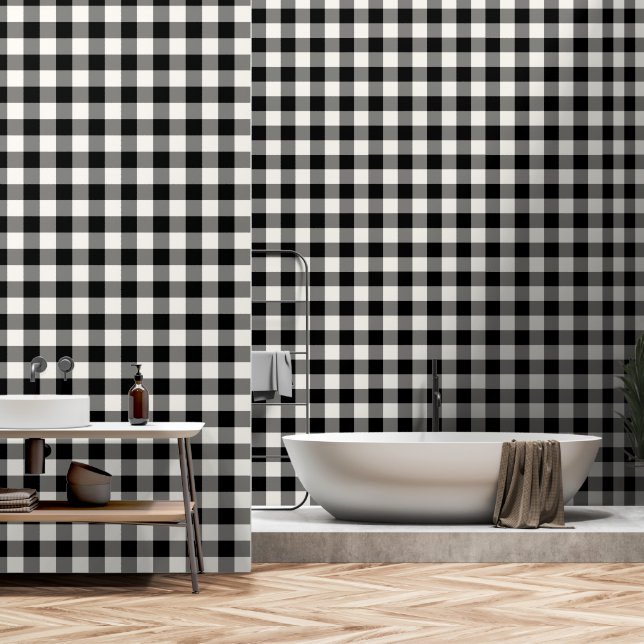 Jumbo Buffalo Check Plaid Black and Off White Wallpaper (Bathroom)