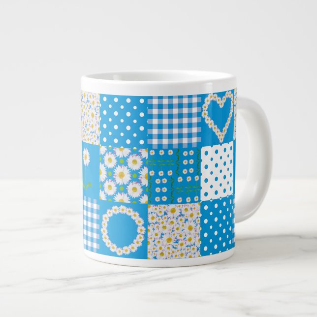 Jumbo Coffee Mug: Daisychains, Faux Patchwork Large Coffee Mug (Front Right)