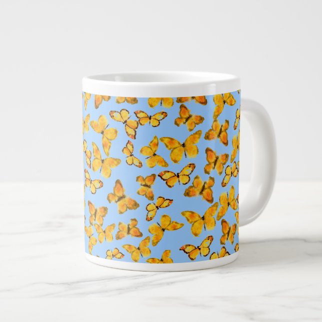 Jumbo Coffee Mug, Golden Butterflies on Sky Blue Large Coffee Mug (Front Right)