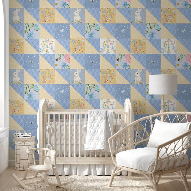 Jumbo Floral Bunny Butterfly Blue Yellow Pattern Wallpaper (Kids)
