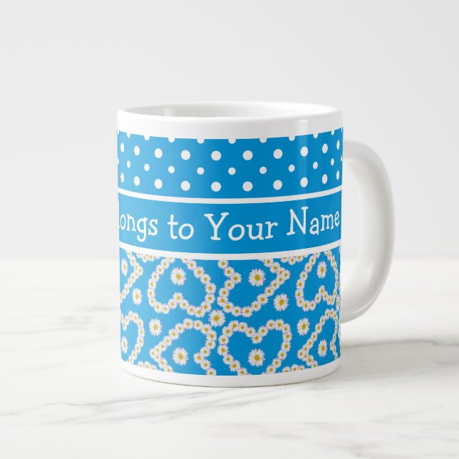 Jumbo Mug to Personalize: Polkas, Daisies, Blue (Front Right)