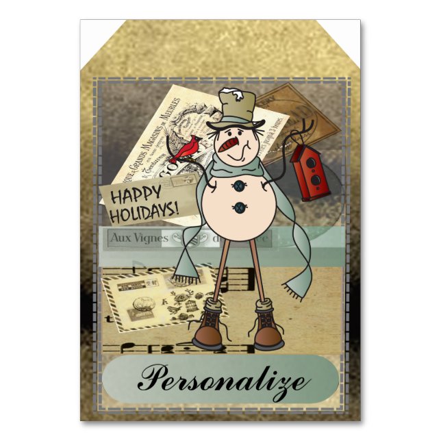Jumbo Size Gift Tags | Vintage Blue Snowman Table Number (Front)
