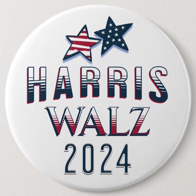Jumbo-Sized Harris and Walz 2024 6 Inch Round Button (Front)