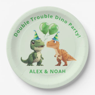 Jumeaux Anniversaire Dinosaure Assiette en Papier 