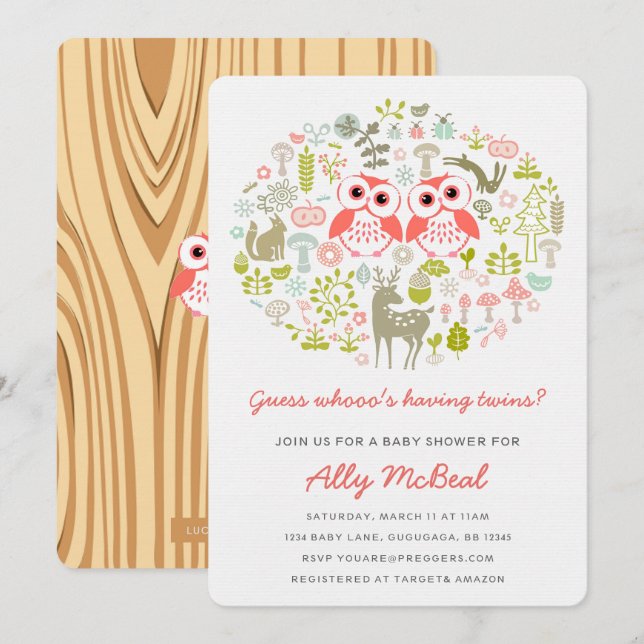 Jumeaux Owl Baby shower Invitations filles roses (Devant / Derrière)