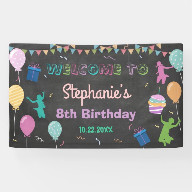 Jump Birthday Chalkboard Kid Trampoline Backdrop Banner (Horizontal)