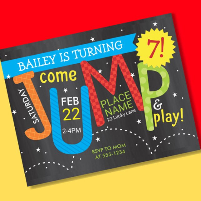 Jump Birthday Party Colours on Chalk Budget Invite (Creator Uploaded)