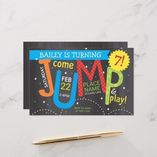 Jump Birthday Party Colours on Chalk Budget Invite (Front/Back In Situ)