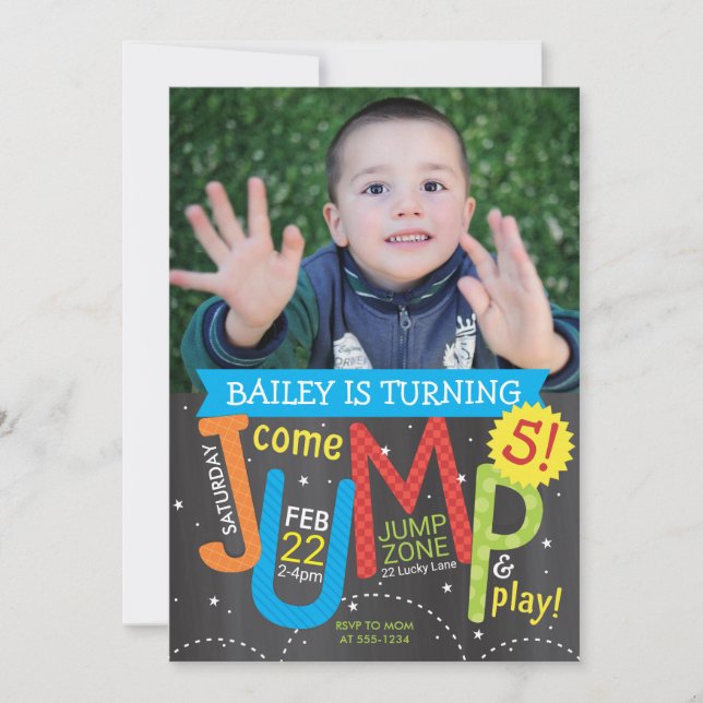 Jump Birthday Party Photo Brights on Chalkboard Invitation (Front)