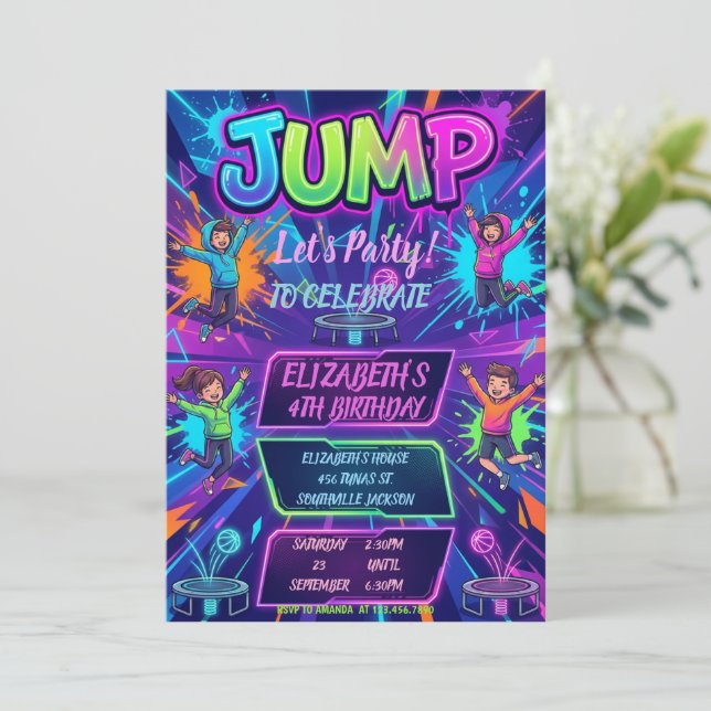 Jump Birthday Party Tie Dye Neon Glow Jump Party Invitation (Standing Front)