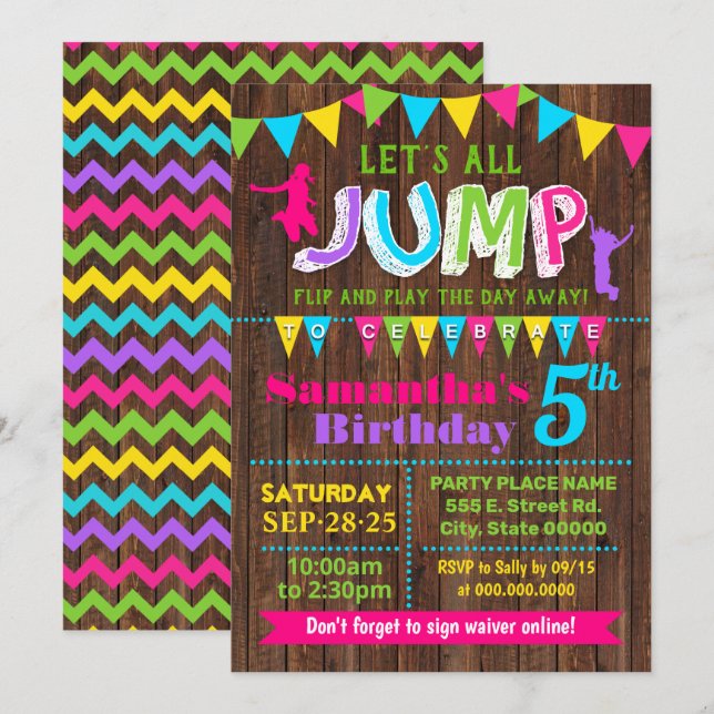 Jump birthday trampoline bounce house pink party invitation (Front/Back)