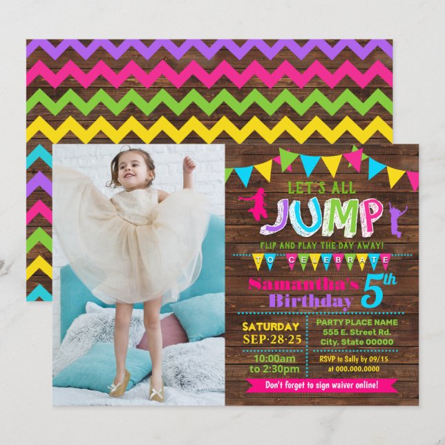 Jump birthday trampoline bounce house pink party invitation (Front/Back)