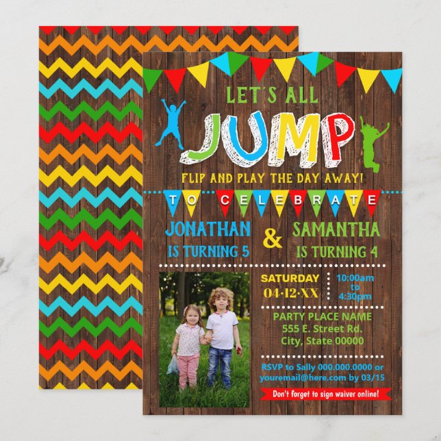 Jump birthday trampoline combined photo party invitation (Front/Back)