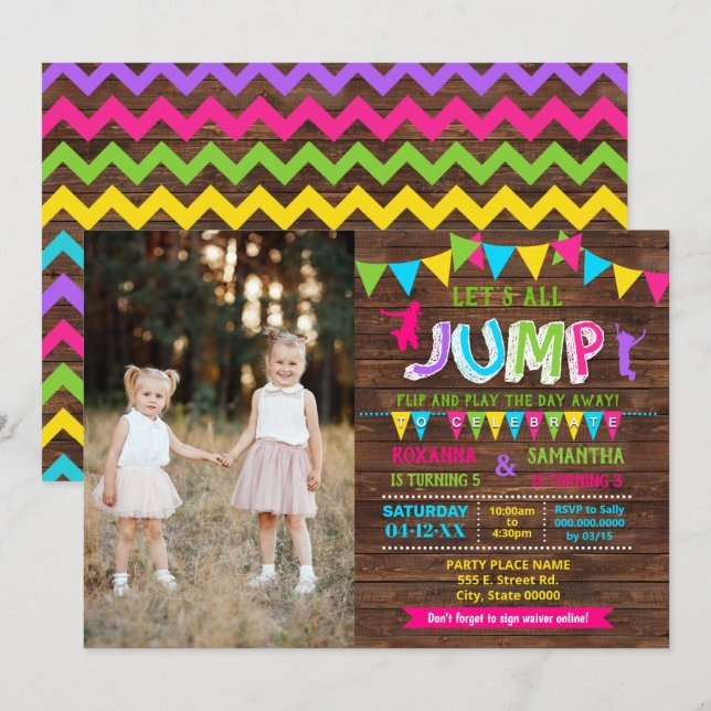 Jump birthday trampoline combined pink party invitation (Front/Back)
