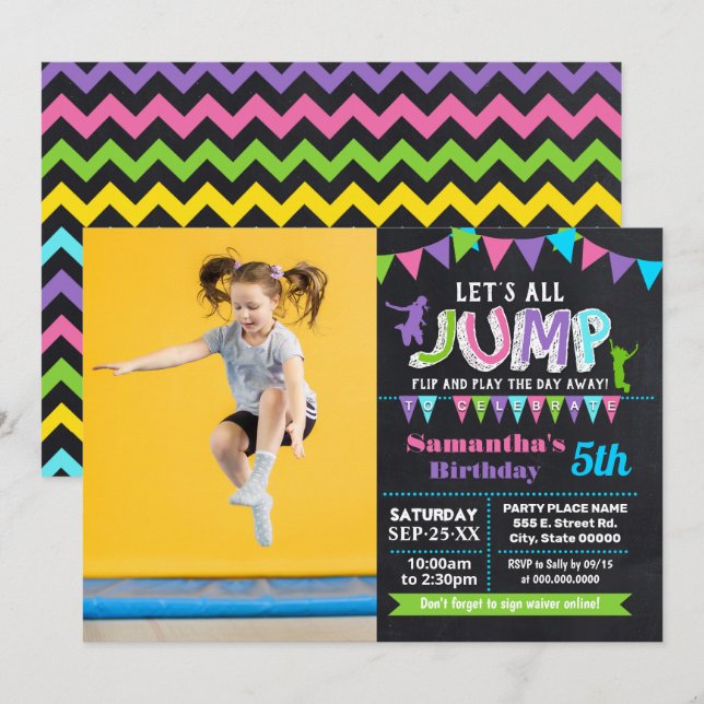 Jump birthday trampoline pink chalkboard photo invitation (Front/Back)