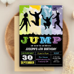 Jump Bounce House Trampoline Party Birthday Invite<br><div class="desc">Amaze your guests with this cool birthday party invitation featuring a modern silhouette of jumping kids against a colourful background with vibrant typography. Simply add your event details on this easy-to-use template to make it a one-of-a-kind invitation. Flip the card over to reveal an elegant black and white stripes pattern...</div>