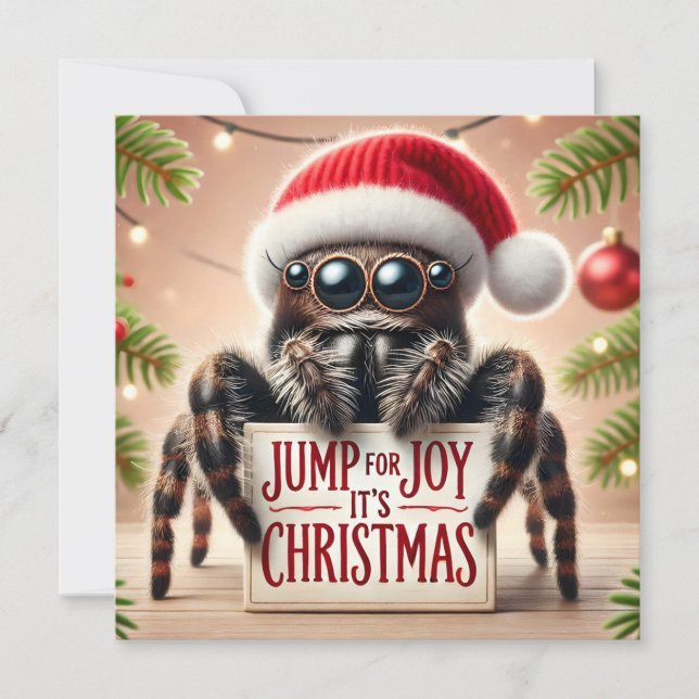 Jump For Joy It's Christmas Cute Jumping Spider Holiday Card (Front)