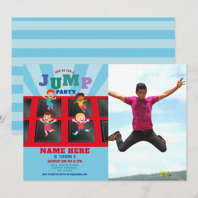 Jump Trampoline Birthday Blue Boys Photo Invitation (Front/Back)