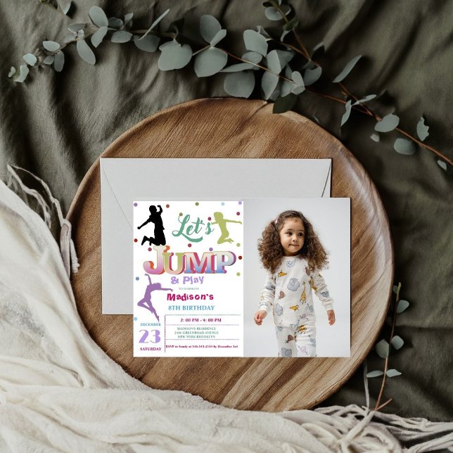 Jump Trampoline Colourful Photo girl birthday part Invitation (Creator Uploaded)