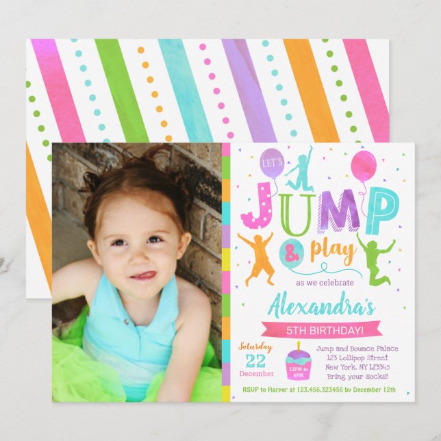 Jump Trampoline Park Birthday Invitations Girl (Front/Back)