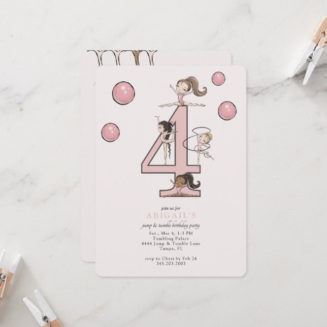 Jump & Tumble Gymnastics 4th Birthday Party Invitation (Front/Back In Situ)