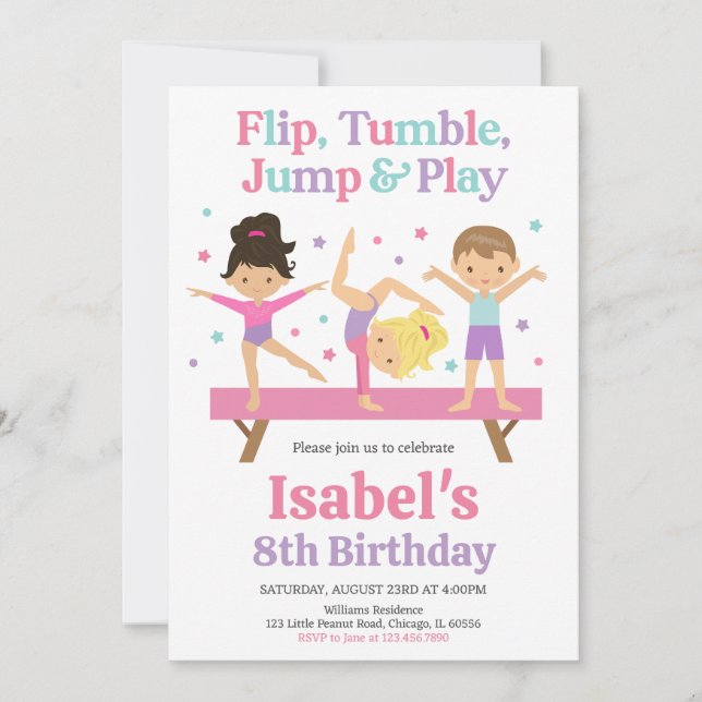 Jump Tumble Gymnastics Birthday Invitation (Front)
