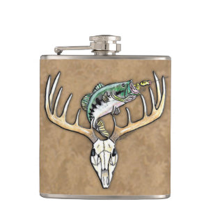 Jumping Bass Big Rack Deer Horns Drinking Hip Flask