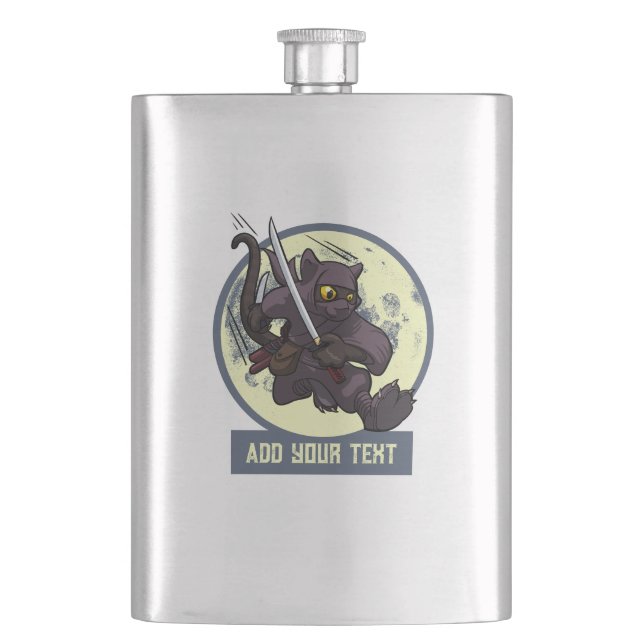 Jumping Black Cat Ninja Alternative Animal Artwork Hip Flask (Front)