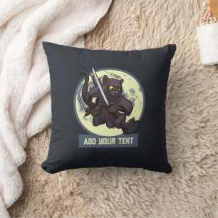 Jumping Black Cat Ninja Custom Text Animal Artwork Throw Pillow