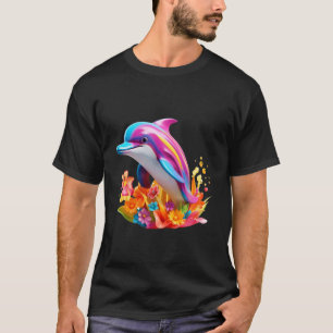 Jumping Colourful Dolphin Tropical Flowers Ocean A T-Shirt