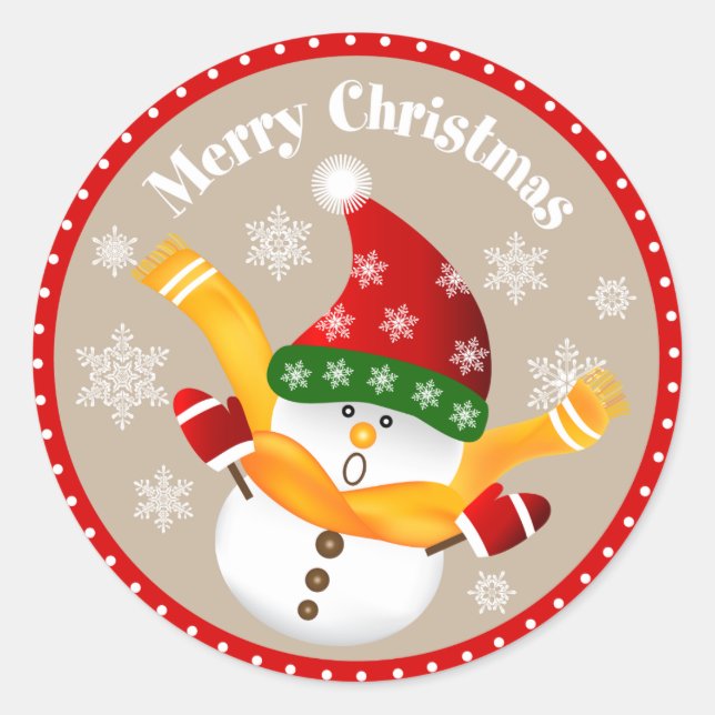 Jumping Cute Snowman in Red Frame Stickers (Front)