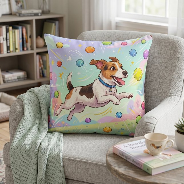 Jumping Dog Chasing Balls | Cute Whimsical Throw Pillow (Creator Uploaded)