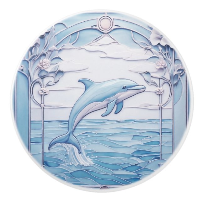 Jumping Dolphin Art Nouveau Faux Relief Light Blue Ceramic Knob (Front)