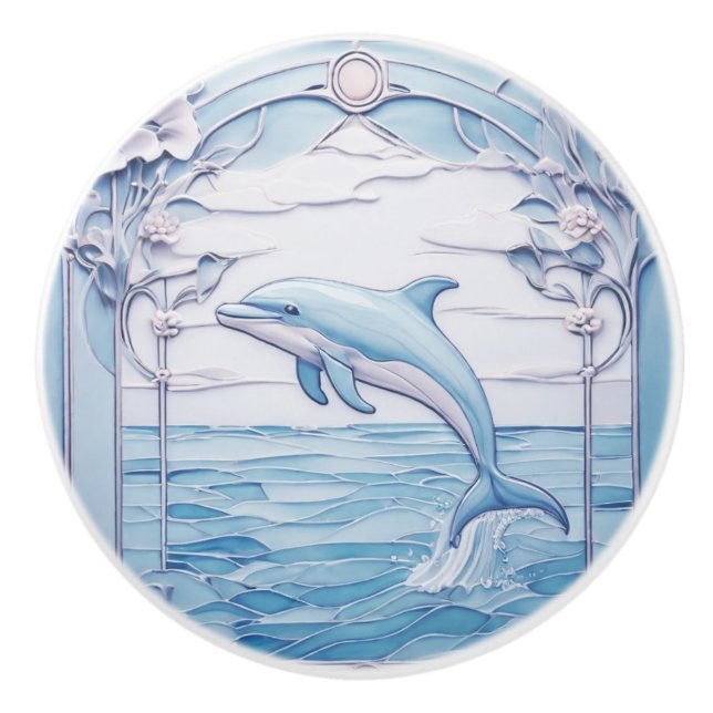 Jumping Dolphin Art Nouveau Faux Relief Light Blue Ceramic Knob (Front)